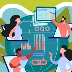 Illustration of four people working on digital charts over a globe