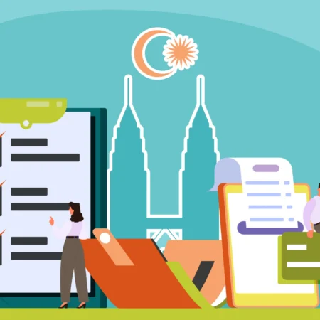Illustration of a woman pointing at a giant checklist with a silhouette of the Singapore skyline in the background