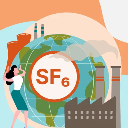 Illustration showing factory emissions with a globe in the background and an SF6 label.