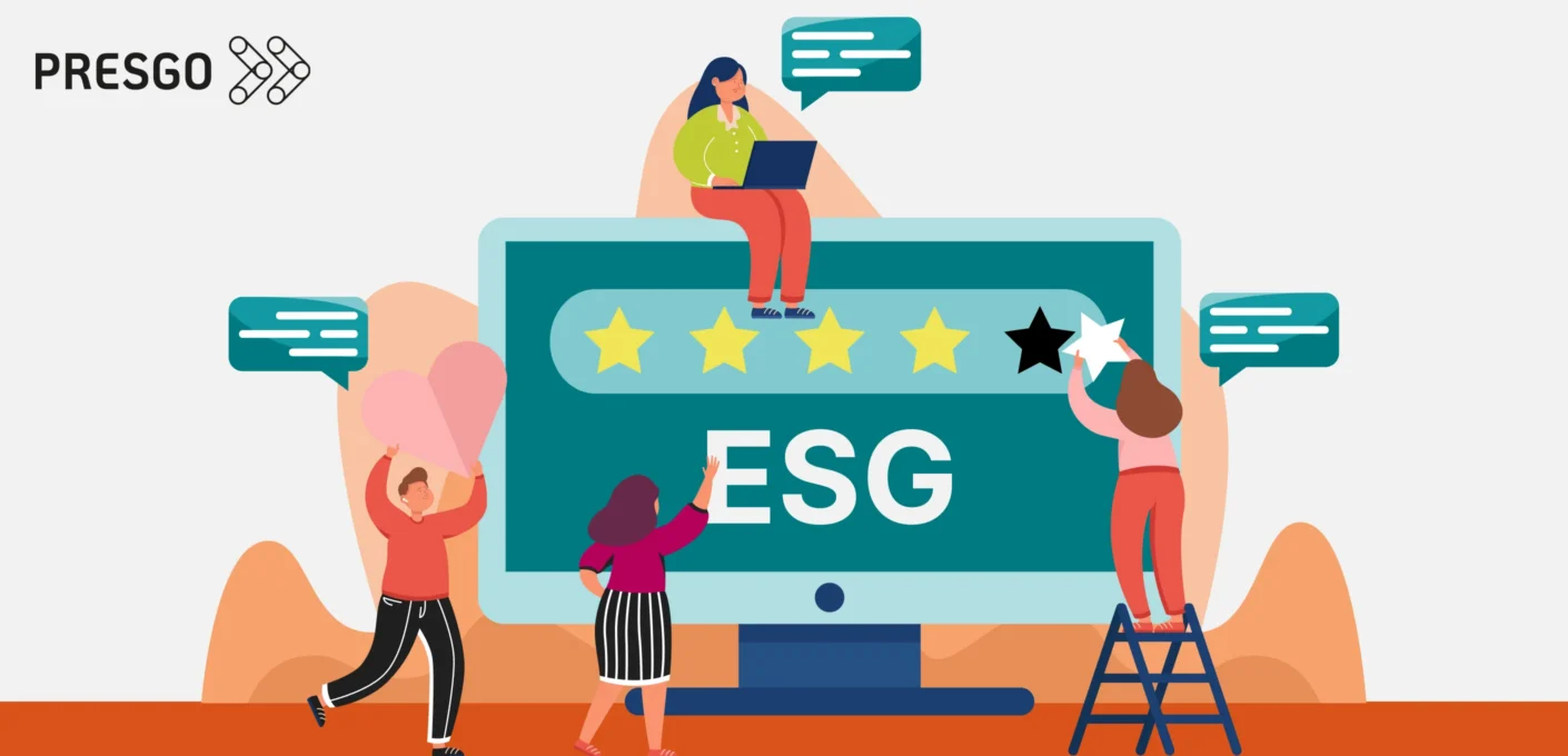 Illustration of a group of people fixing up a giant ESG ratings bar on a computer screen.