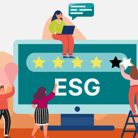 Illustration of a group of people fixing up a giant ESG ratings bar on a computer screen.