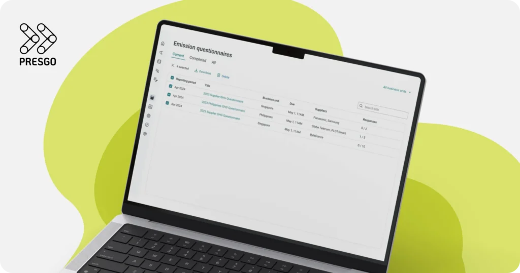 image for the What are Scope 1, 2, and 3 Carbon Emissions? article's Measuring and Reporting Scope 1, 2, & 3 Emissions with Presgo section, showing a laptop device with the Presgo software and the Presgo logo
