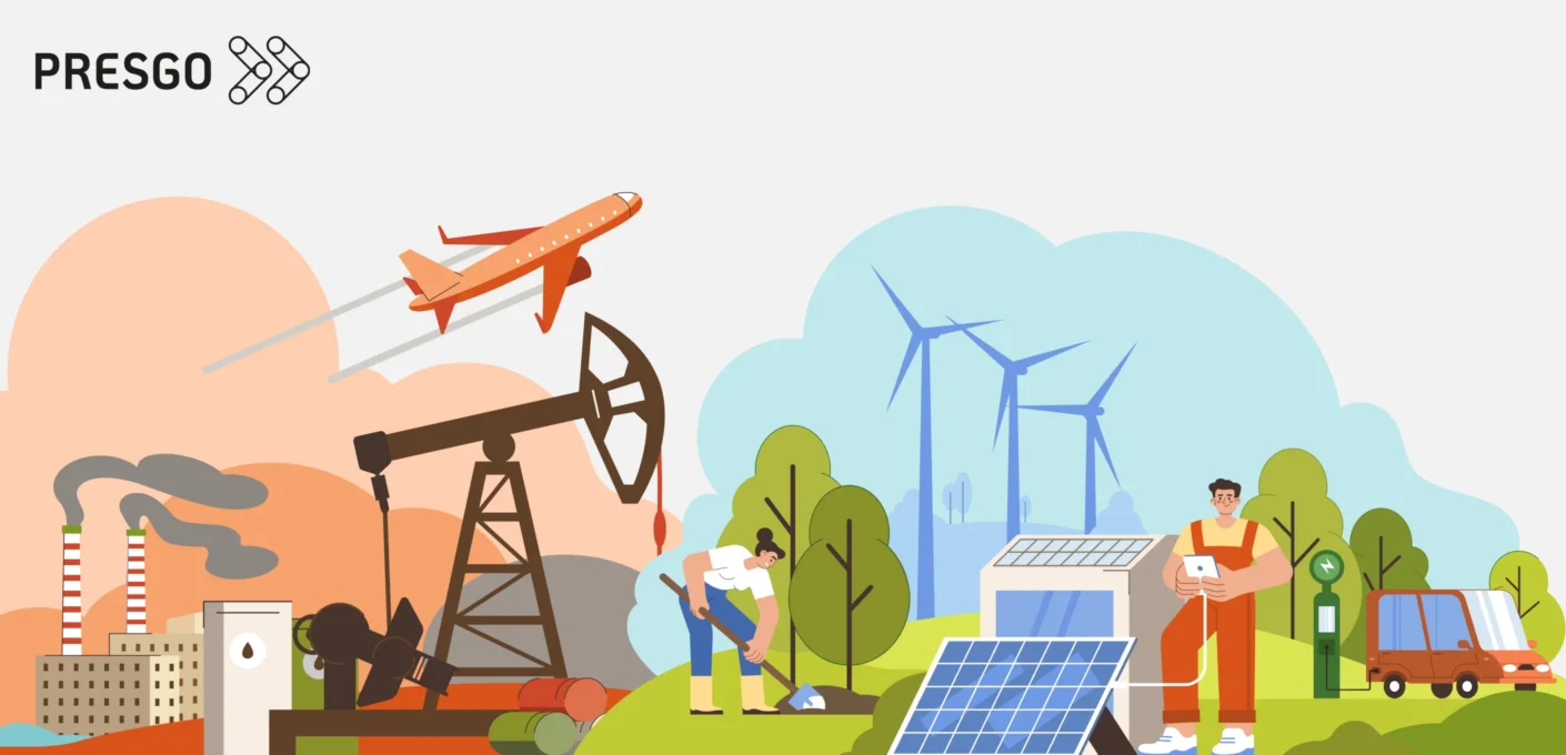 image for the What are Scope 1, 2, and 3 Carbon Emissions? article, showing the Presgo logo and a collage of factories, companies, a plane, a person planting a tree, a solar panel system, windmills, an electric car and trees.