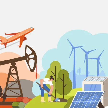 image for the What are Scope 1, 2, and 3 Carbon Emissions? article, showing the Presgo logo and a collage of factories, companies, a plane, a person planting a tree, a solar panel system, windmills, an electric car and trees.