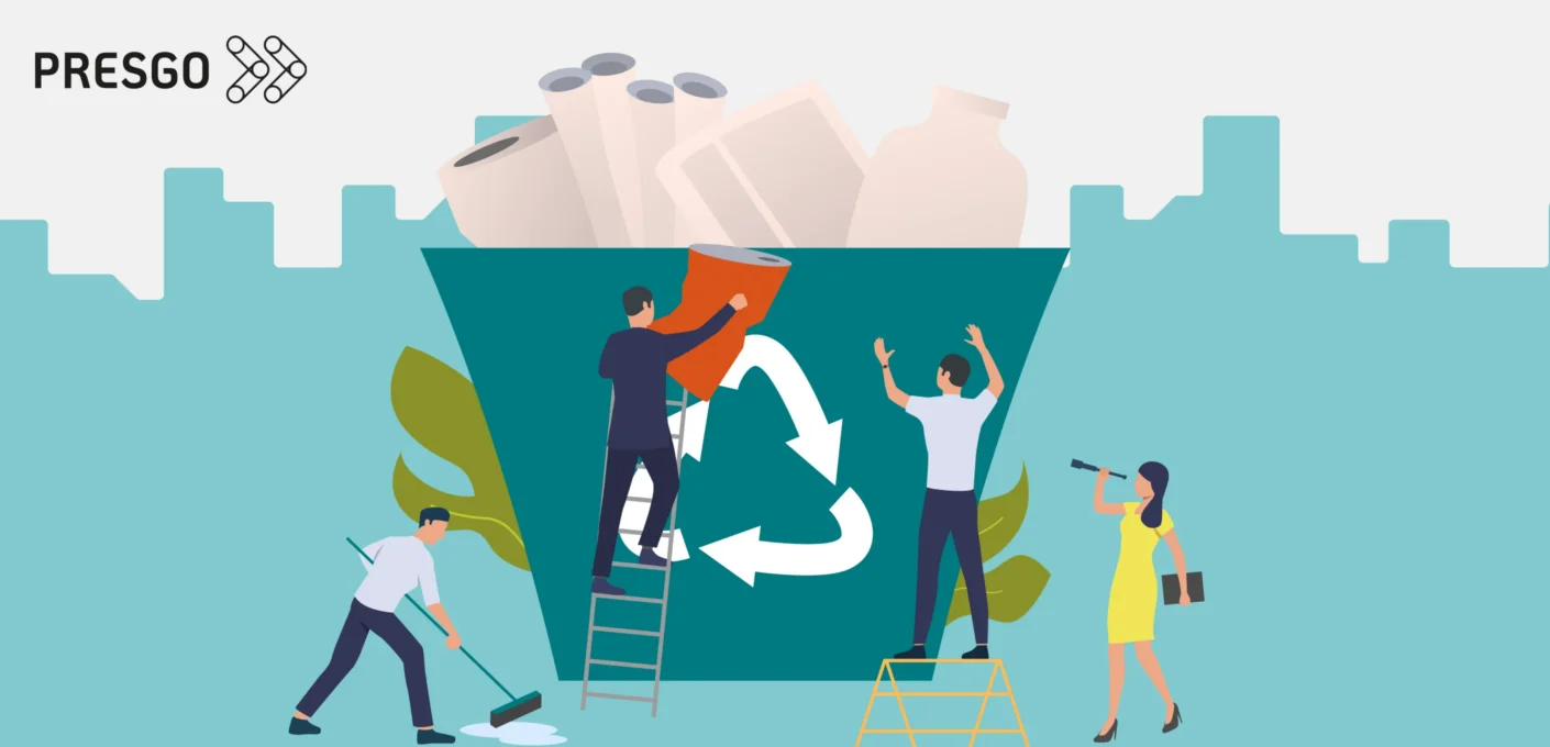 banner image for the What are the 6 Rs of Sustainability? article, showing the Presgo logo, a cityscape background, and a large bin with waste and four people cleaning and throwing items in the bin