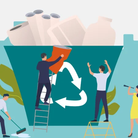banner image for the What are the 6 Rs of Sustainability? article, showing the Presgo logo, a cityscape background, and a large bin with waste and four people cleaning and throwing items in the bin