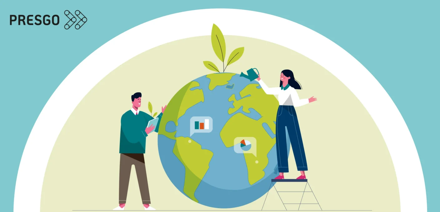 Illustration of a man and woman tending to a giant globe