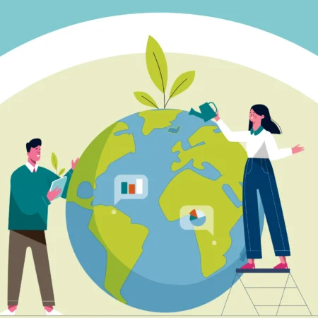 Illustration of a man and woman tending to a giant globe