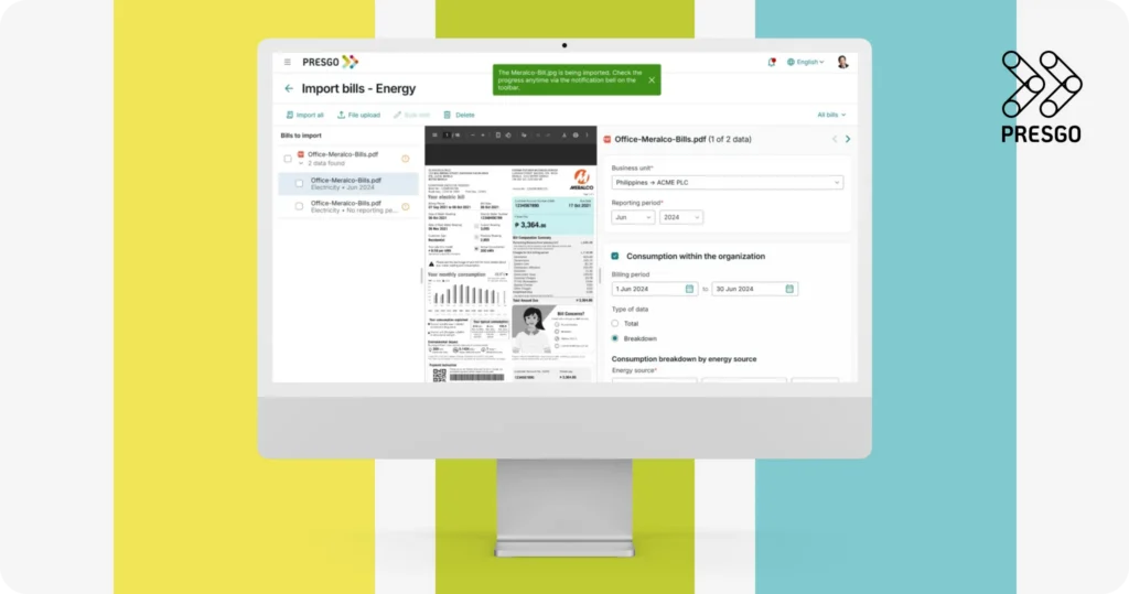image for the What is a Materiality Assessment: Key Process and Materiality Matrix article's Accurate ESG Materiality Assessments with Presgo section, showing the Presgo logo and a monitor device displaying the Presgo software

