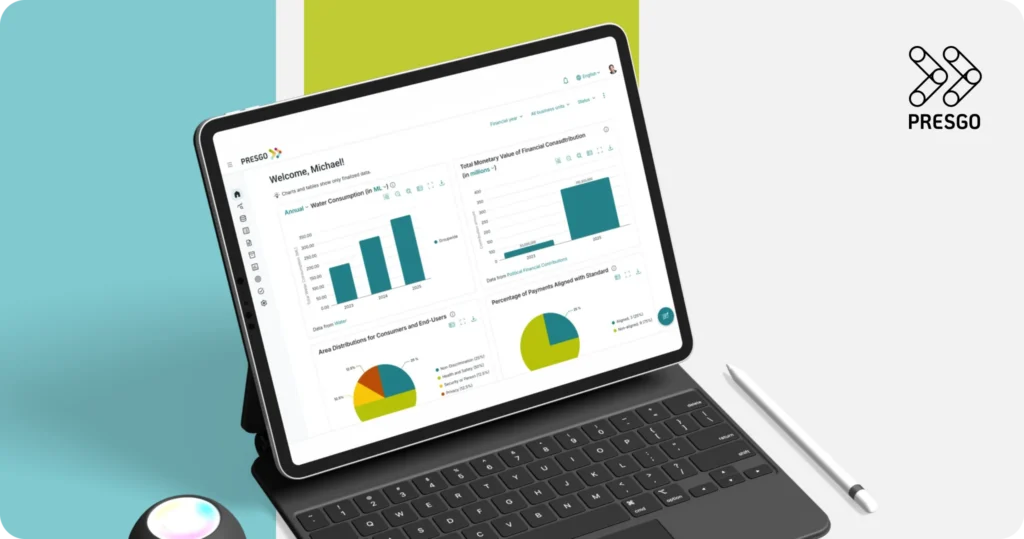 image for the What is a Materiality Matrix: Key Components and How to Build article's Ensuring Accurate Materiality Assessments with Presgo section, showing the Presgo logo and a table device with the Presgo software application on display