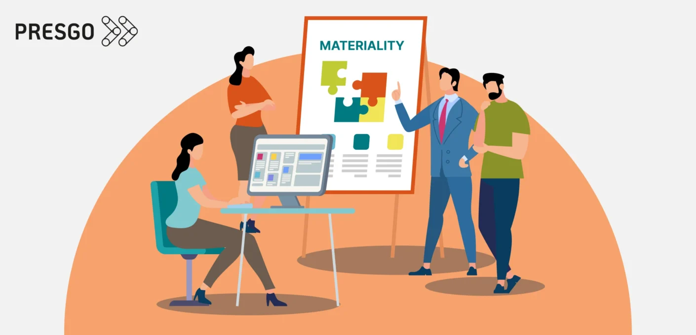 banner image for the What is a Materiality Matrix: Key Components and How to Build article, showing the Presgo logo and four persons at work, discussing with a computer monitor and a chart board with puzzle pieces