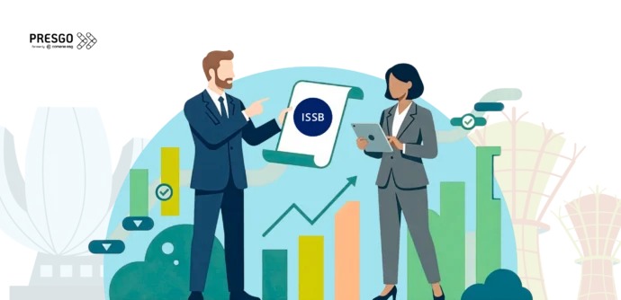 banner image for the ISSB Reporting in Singapore: 10-Step Guide article showing the pResgo logo and two people or professionals with a document of ISSB and a laptop, and the background has charts and data figures