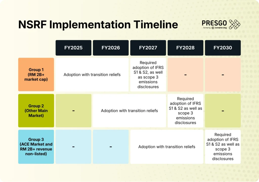 A table showing the implementation timeline for NSRF for the three entity groups