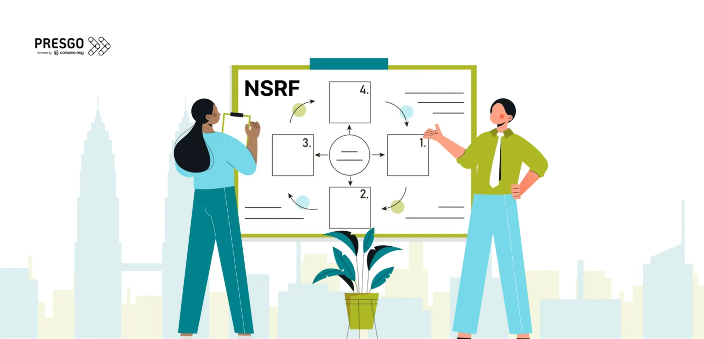 Illustration of two people looking at an NSRF flowchart.