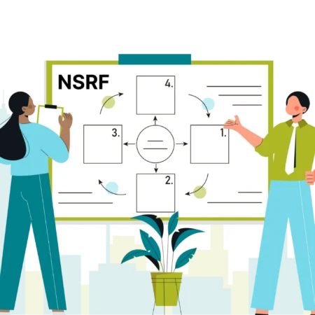 Illustration of two people looking at an NSRF flowchart.