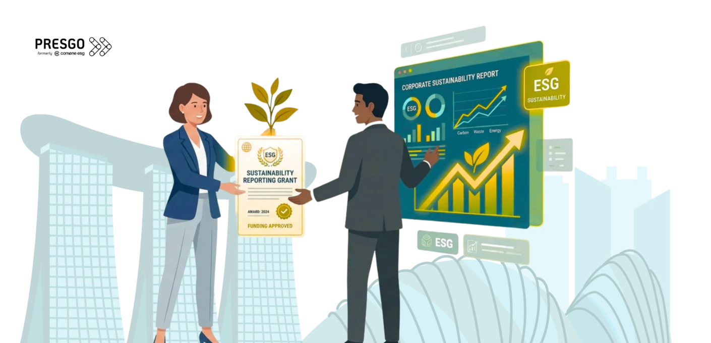 Image showing a woman handing a man a sustainability reporting grant, with Singapore landmarks in the background.