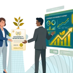 Image showing a woman handing a man a sustainability reporting grant, with Singapore landmarks in the background.