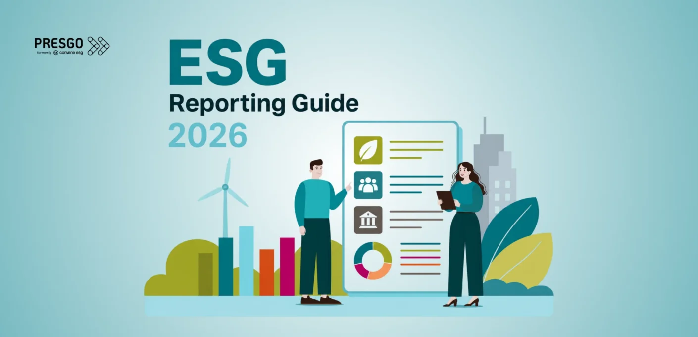 A man and woman stands in front of an ESG report, with sustainability elements in the background.