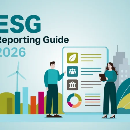 A man and woman stands in front of an ESG report, with sustainability elements in the background.
