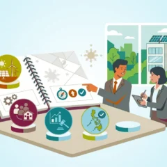 Banner image for the Guide to Sustainability Reporting in the Philippines: PFRS S1 and S2 Requirements and Timeline article of Presgo, showing Philippine imagery, such as the flag and the sun similar to the icon on the Philippine flag, and of sustainability, including two people discussion with  trees and nature and buildings at the back that has solar panels