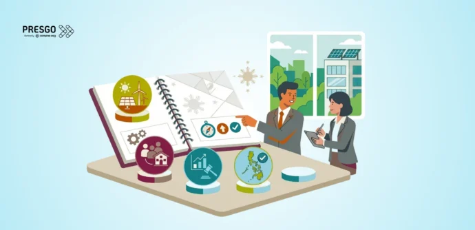 Banner image for the Guide to Sustainability Reporting in the Philippines: PFRS S1 and S2 Requirements and Timeline article of Presgo, showing Philippine imagery, such as the flag and the sun similar to the icon on the Philippine flag, and of sustainability, including two people discussion with  trees and nature and buildings at the back that has solar panels