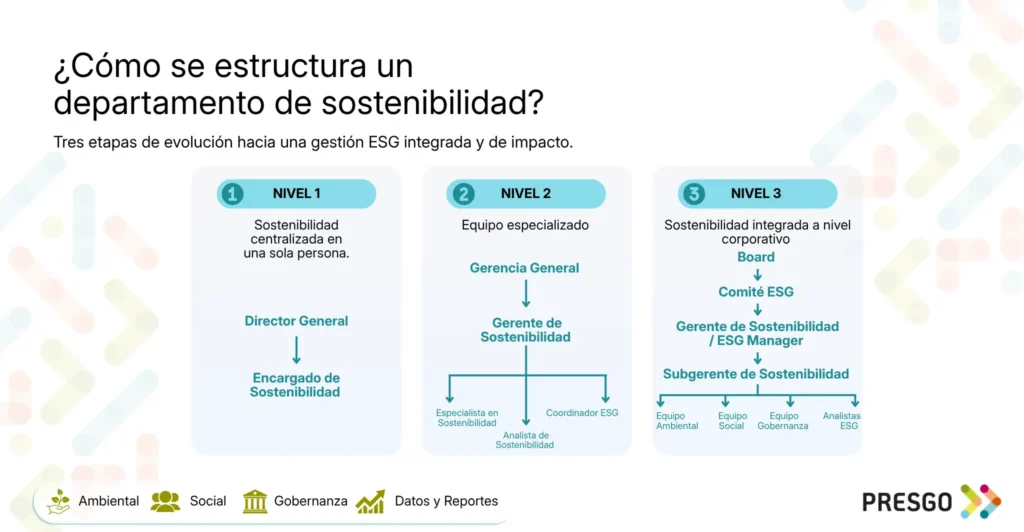 Estructura del departamento de sostenibilidad según madurez y tamaño de empresa.
