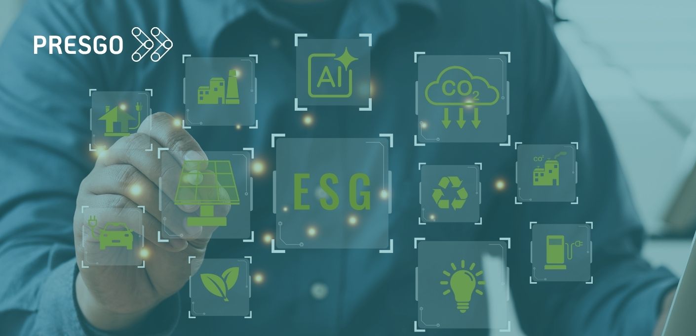 Mano interactuando con iconos de IA y ESG (CO2, energía, reciclaje) en una interfaz digital, símbolo del reporting ESG con datos fiables de Presgo.