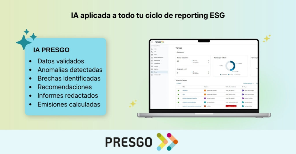Panel de la plataforma Presgo con las capacidades de IA aplicadas al reporting ESG: validación, detección y análisis de datos.