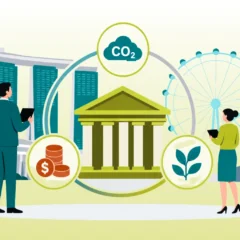 A man and woman looks over a bank symbol encircled by symbols depicting carbon dioxide, finances, and nature. In the background is a graphic of Singapore's Marina Bay Sands.