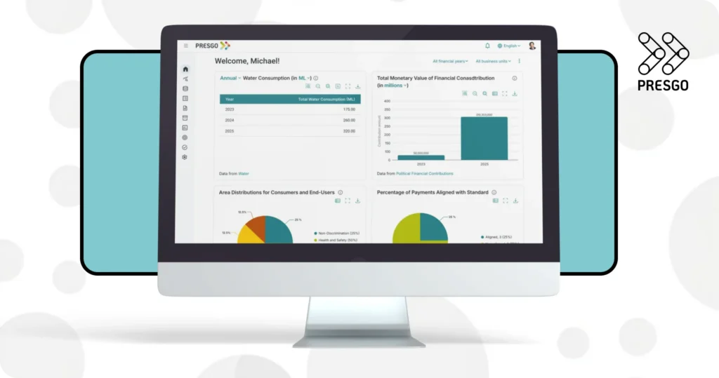 image for the conclusion and CTA Multi-Framework ESG Reporting with Presgo under The State of ESG Reporting in the Middle East article showing the Presgo logo and elements of a desktop device with the Presgo ESG reporting software and then the Presgo logo