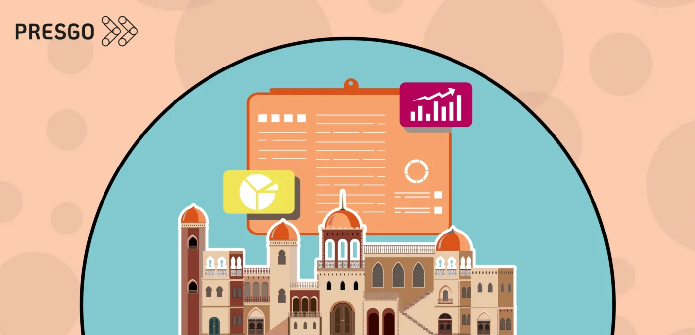 image for The State of ESG Reporting in the Middle East article showing a Middle Eastern structure or building with elements of a file, pie chart, document, graph, bar chart, and then the Presgo logo