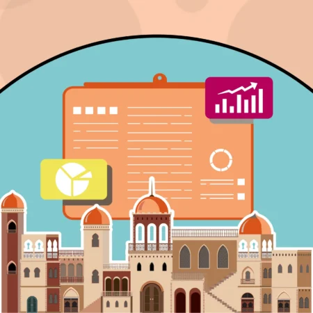 image for The State of ESG Reporting in the Middle East article showing a Middle Eastern structure or building with elements of a file, pie chart, document, graph, bar chart, and then the Presgo logo