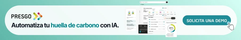 Banner de Presgo: "Automatiza tu huella de carbono con IA", con panel de objetivos ESRS/GRI y progreso de recopilación de datos, y botón para solicitar una demo