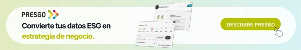 Banner de Presgo con el mensaje "Convierte tus datos ESG en estrategia de negocio" y capturas del software de reporting ESG