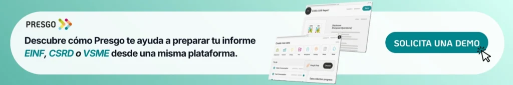 Banner de Presgo con el texto "Descubre cómo Presgo te ayuda a preparar tu informe EINF, CSRD o VSME desde una misma plataforma" y botón "Solicita una demo", junto a una captura de la plataforma mostrando un informe ESRS y GRI.