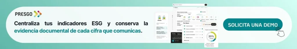 Banner de Presgo con el texto «Centraliza tus indicadores ESG y conserva la evidencia documental de cada cifra que comunicas», capturas de la plataforma con indicadores ESRS y GRI y el botón «Solicita una demo».