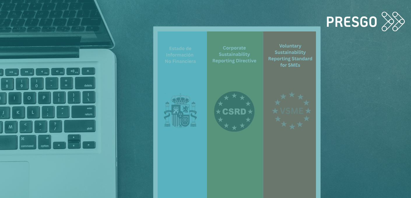 Portada del blog Presgo comparando EINF, CSRD y VSME con los emblemas de España, la UE y las pymes sobre fondo verde azulado.