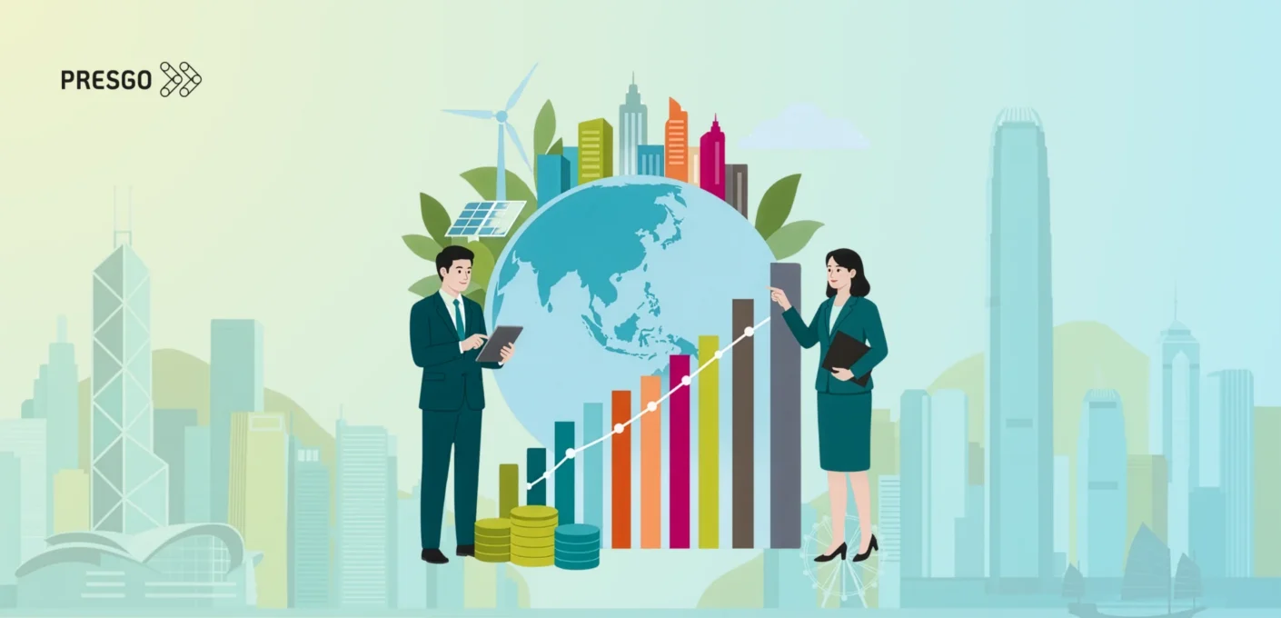 banner image for the Financed Emissions Under HKFRS S2: What Hong Kong Financial Institutions Need to Know article, showing the Presgo logo and images or icons of 2 professional figures, a bar and line graph, a globe, a solar panel, a sindmill, leaves, Hong Kong buildings, and coins.