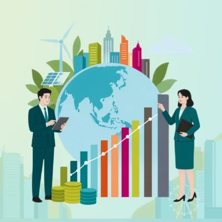 banner image for the Financed Emissions Under HKFRS S2: What Hong Kong Financial Institutions Need to Know article, showing the Presgo logo and images or icons of 2 professional figures, a bar and line graph, a globe, a solar panel, a sindmill, leaves, Hong Kong buildings, and coins.