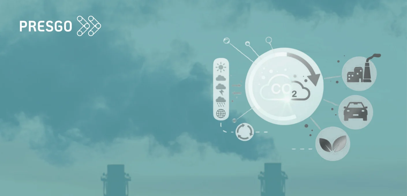 Banner de Presgo sobre huella de carbono de alcance 3: chimeneas industriales con emisiones de CO2 conectadas mediante IA a categorías de la cadena de valor (industria, transporte y agricultura).