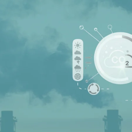 Banner de Presgo sobre huella de carbono de alcance 3: chimeneas industriales con emisiones de CO2 conectadas mediante IA a categorías de la cadena de valor (industria, transporte y agricultura).
