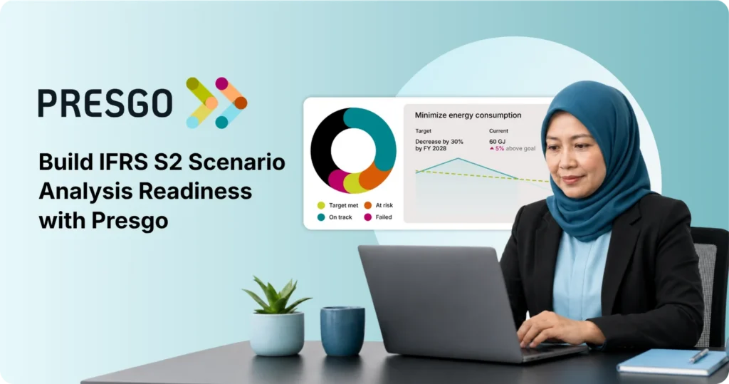 CTA and conclusion banner image for the Build IFRS S2 Scenario Analysis Readiness with Presgo section under the IFRS S2 Scenario Analysis: A Guide for Malaysian Companies article showing the Presgo logo and a professional with a laptop device and the ESG software window at the back