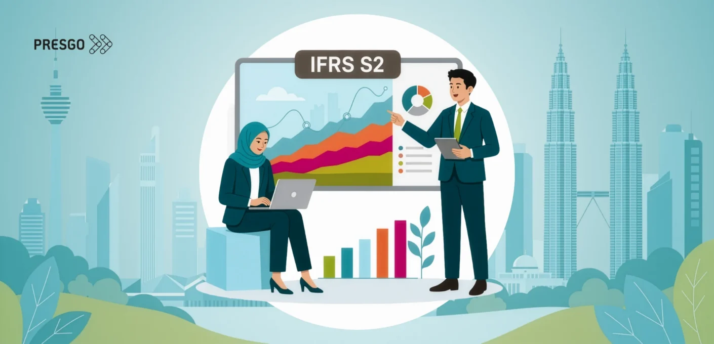 banner image for the IFRS S2 Scenario Analysis: A Guide for Malaysian Companies article showing the Presgo logo, Malaysian buildings, two professional figures or persons discussing with a laptop, charts, graphs, and a board