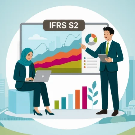 banner image for the IFRS S2 Scenario Analysis: A Guide for Malaysian Companies article showing the Presgo logo, Malaysian buildings, two professional figures or persons discussing with a laptop, charts, graphs, and a board