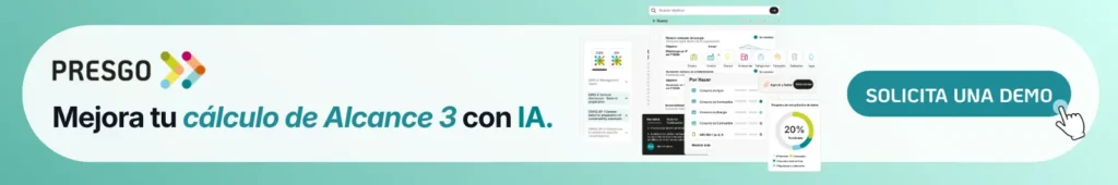 Banner de Presgo: mejora tu cálculo de huella de carbono alcance 3 con IA, con vista del panel de la plataforma y botón para solicitar una demo.
