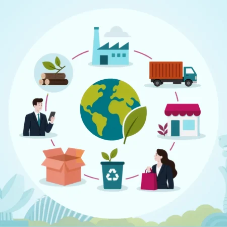 banner imager for Scope 3 Emissions in Singapore: How to Solve the Supply Chain Data Problem article, showing the Presgo logo and a cycle or cyclic presentation of images, including logs, boxes or packaging, trash bin, paper bag to show a purchase, a store, a truck for logistics, a factory for manufacturing, and then an earth globe right at the center