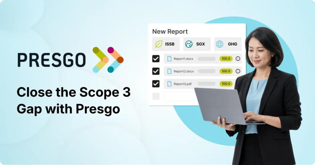 CTA and conclusion banner for Scope 3 Emissions in Singapore: How to Solve the Supply Chain Data Problem article's Close the Scope 3 Gap with Presgo ESG Technology section, showing the Presgo logo, a professional figure holding a laptop device with the Presgo ESG reporting software on display at the back