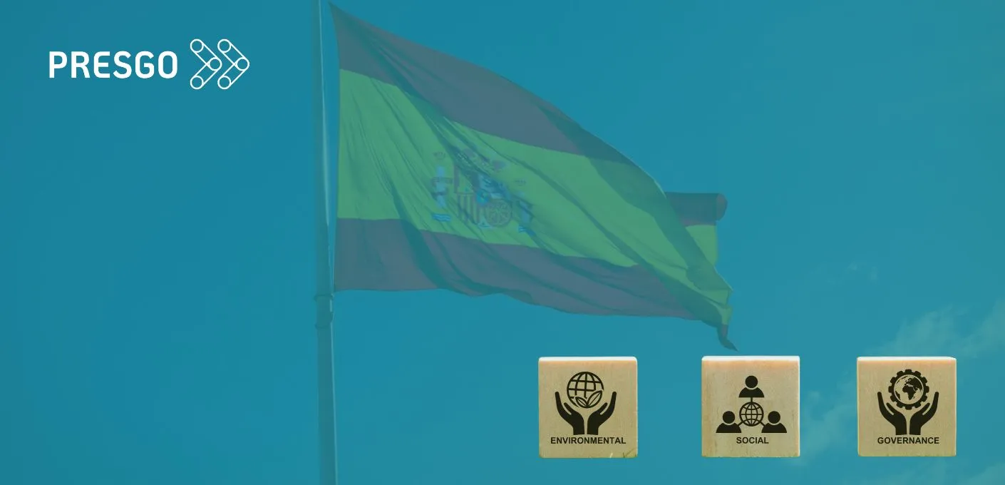 ESG en el sector público: bandera de España junto a tres bloques con los iconos ambiental, social y de gobernanza